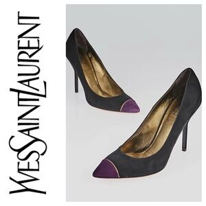 YVES SAINT LAURENT Paris Black & Magenta Suede Cap Toe Opyum 80 Pumps Heels